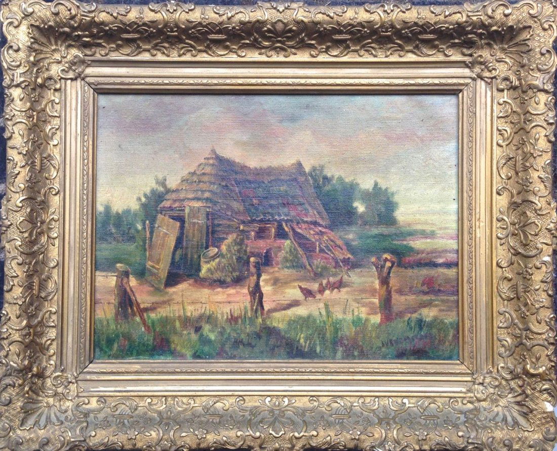 American Oil Painting, Country Chicken Coop, c.1890 (1 of 5)