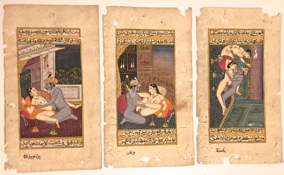 (3) EROTIC INDIAN MINIATURE MANUSCRIPT PAGE: EROTIC INDIAN MINIATURE MANUSCRIPT PAGE Three erotic painted Mughal miniature manuscript leaf with Persian inscription on reverse Medium: Gouache on antique manuscript leaf Image: Various erotic adven