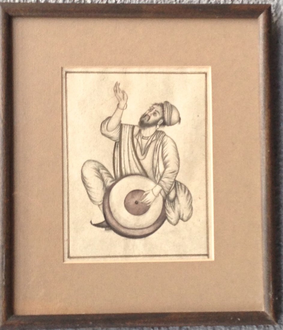 MUGHAL INDIAN PAINTING 'COURT MUSICIAN' CIRCA 1890: EARLY MUGHAL INDIAN MUSICIAN PAINTING Early mixed media, graphite and color pencil Textured cream paper Dimension: framed: 12.4" x 10.6" sight 6"x 7" Condition: Good Provenance: Private Estate