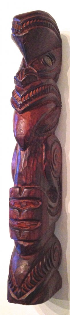 Maori Carved Wood Figural Tiki New Zealand: Signed Maori Carved Wood Figure,Tiki, New Zealand Signed Polynesian carved Maori Tiki figure with Paua shell inset eyes Signature: View signature on side Hand carved and signed by the artist Dimension