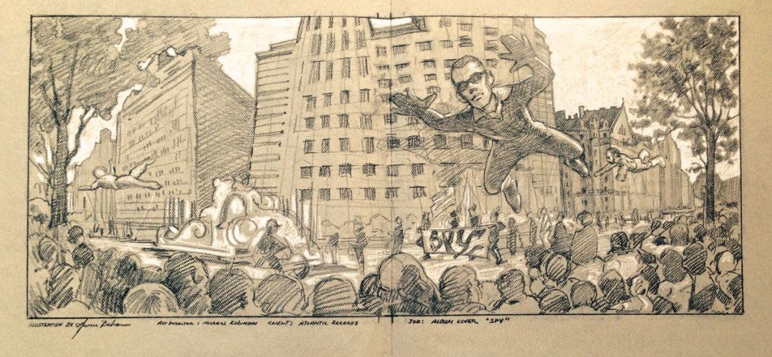 S.P.Y Album Original Cover Art, G. Baker: S.P.Y Album Illustration Cover Art, G. Baker " Music To Mauzner" Album, image of Thanksgiving Day Parade Illustrator: Garin Baker (American b. 1961) Medium: Graphite on paper Dimension: 25" wd x 11.6"