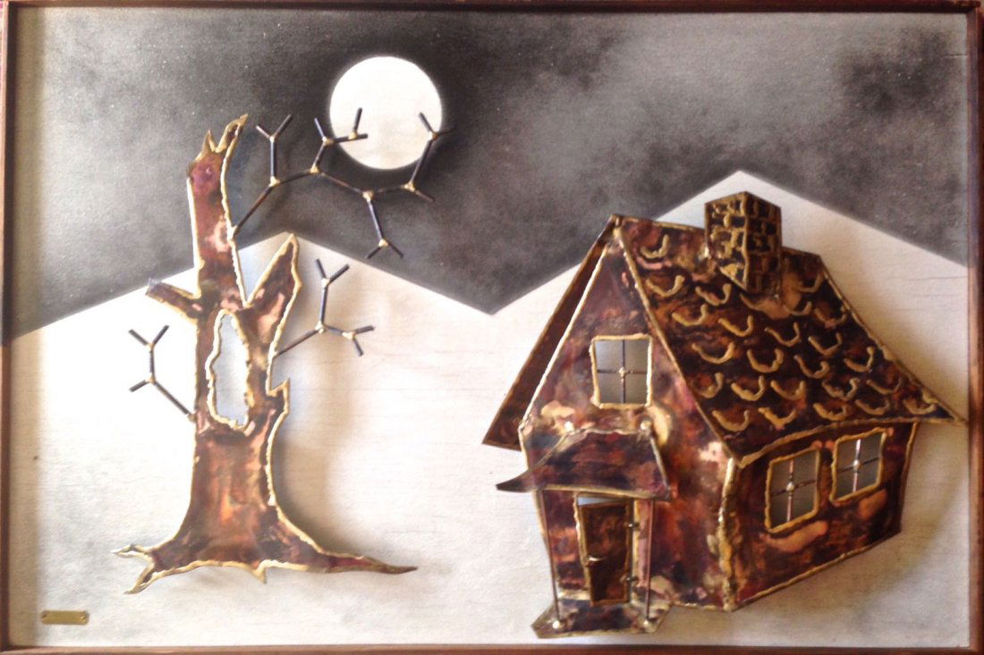 Alex Kovacs, Modernist Metal Art Sculpture 1974: Alex Kovacs, Modernist Metal Art Sculpture 1974 Alex Kovacs (Hungarian b. 1947) Metal wall art sculpture with painted background on wood board Brass label lower left: Kovacs 1974 Dimension: 36.6" x 24