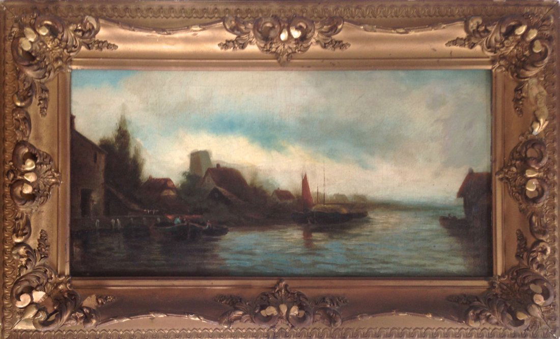 19th C. Continental Oil Painting, Village Harbor (1 of 3)