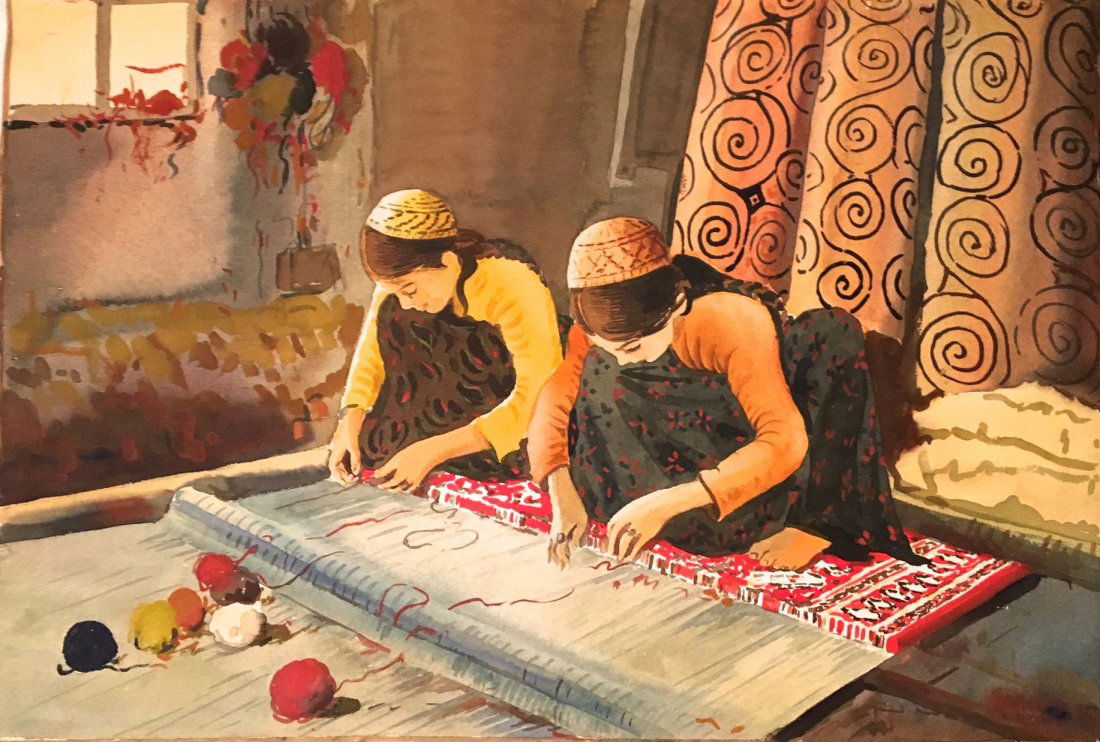 Middle Eastern  Painting " Rug Weavers"  Signed (1 of 4)