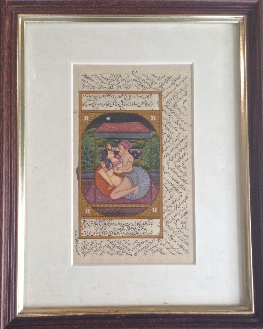 Mughal Indian Painted Erotic Miniature Manuscript Page: Mughal Indian Miniature Painted Manuscript Page Framed erotic painted Mughal miniature manuscript leaf (page) with Persian inscription on reverse Medium: framed gouache on manuscript page Image: coupl