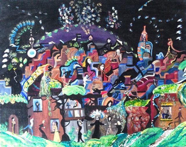 Urban City Oil Painting "Chicago Blues" 1970's: Urban City Oil Painting "Chicago Blues"c.1970. Halloween night in Chicago (ghosts, witches, skeletons and critters) a perfect night of mischief. ) Medium: oil on canvas board. Titled and dated on vers