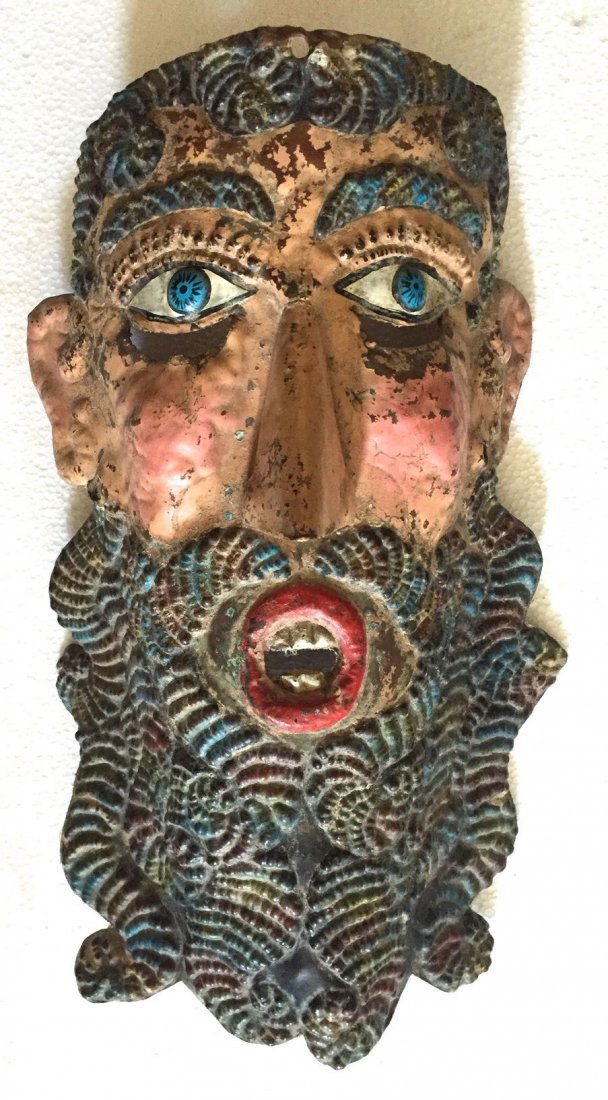 Large Mexican Metal Bearded Mask, 15"x10" (1 of 4)