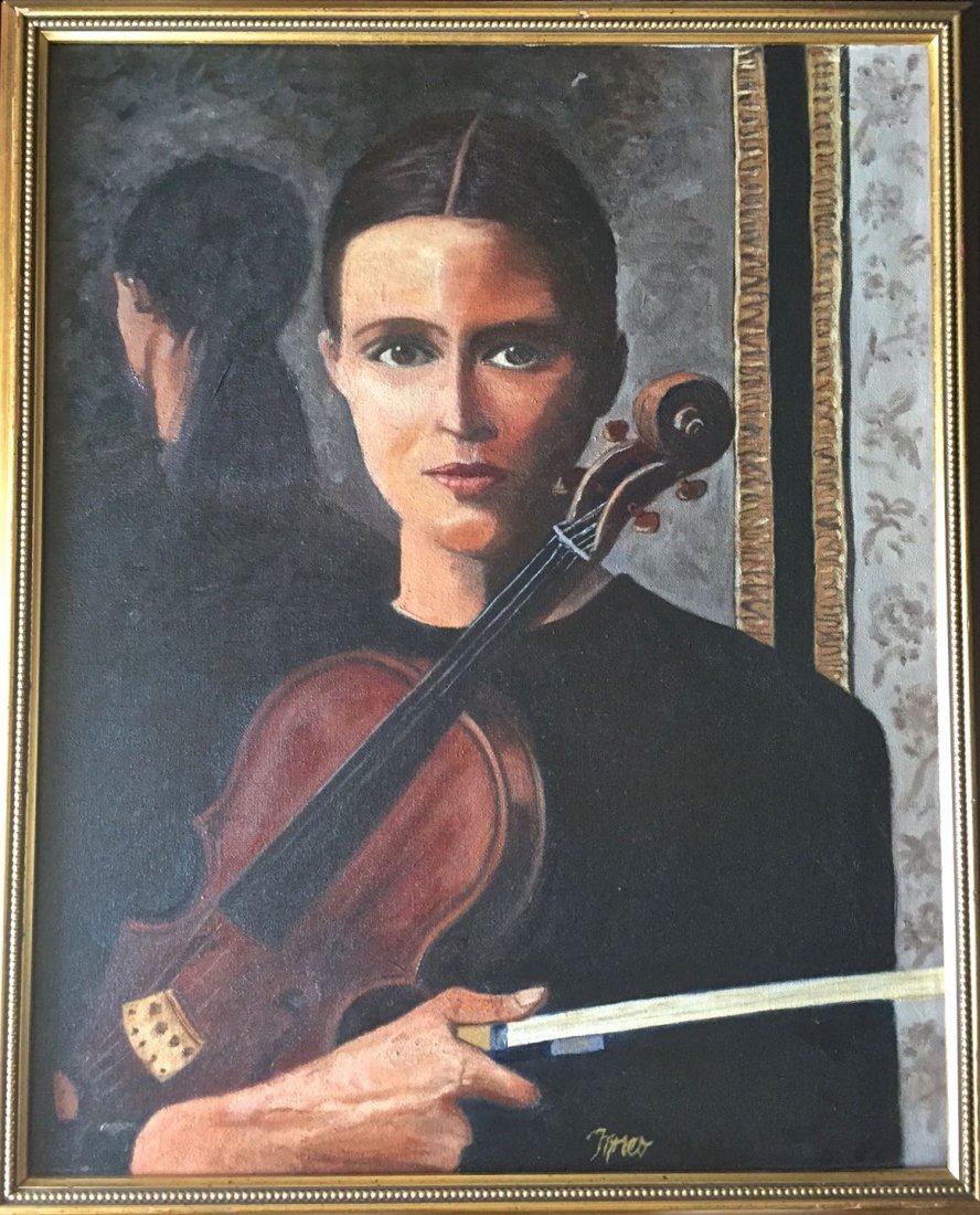 Oil Painting of Lady Violinist, Signed: Oil Painting of Lady Violinist, Signed. Mirrored portrait of a young woman with violin and bow. Medium: oil painting on canvas. Signed: lower right - illegibly; also signed on back on stretcher. Condi