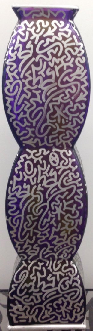 LA II (Angel Ortiz b.1966) Graffiti Art Glass "CHILLIN": Graffiti Painted Art Glass Tagged Throughout "Chillin" Dark purple base with silver metalic paint marker on glass vase Artist: LA Ii ( Angel Ortiz b. 1966) Dimension: 21.7"x 6" Condition: Good Proven