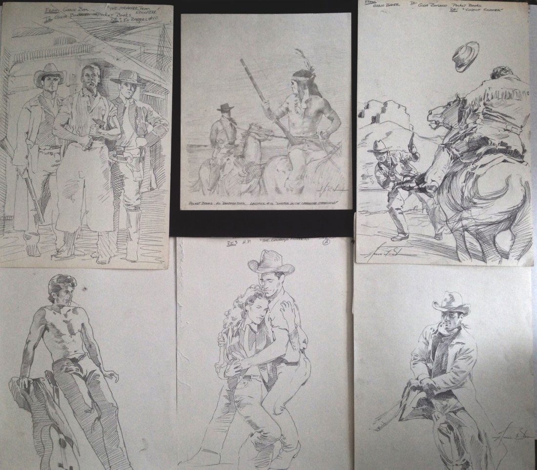 (6) American Western Pulp Cover Art , G .Baker: Six American Western Pulp Illustrations, Baker Six original western pulp book illustration drawings Artist: Garin Baker (American, 20th century) 1- "Angels & Outlaws", Bantam Double Day;2- "The Long S