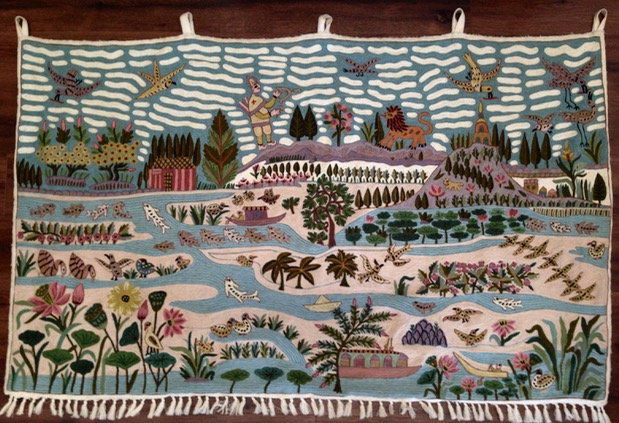 Folk Art Landscape Embroidered Tapestry,  4'x 8'6" (1 of 5)