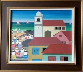 Brazilian Oil Painting, Ubiraci Pinto 1960's: Framed Brazilian Oil Painting, Ubiraci Pinto Brazil: Festive ladies near church with ocean and boats in the distance. Ubiraci Pinto (Brazilian 20th century) Framed oil on canvas signed by the artist U