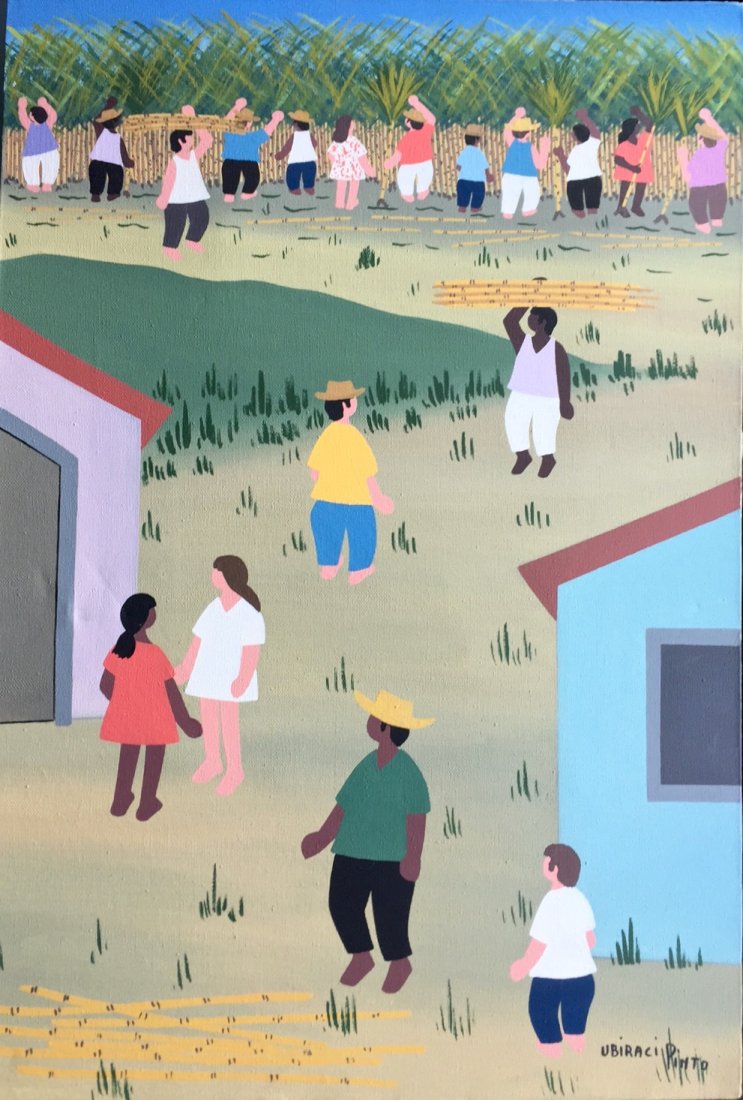 Urban Village painting, Ubiraci Pinto, Brazil: Framed Brazilian Village Painting, Ubiraci Pinto, Brazil Villagers involved in farming activities in their town Ubiraci Pinto (Brazilian 20th century) Framed oil on canvas signed by the artist: Ubirac