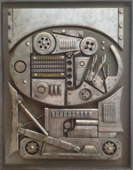 Industrial Art Sculpture, "Nuts & Bolts": Framed Industrial Art Sculpture, "Nuts & Bolts" Medium: framed, carved wood and metal sculptureDimension: 20.7"x 16.4" Unsigned Condition: good Provenance: New Jersey Estate