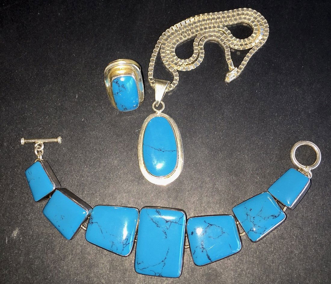 Mexican Taxco Sterling Silver & Turquoise Jewelry Set (1 of 5)