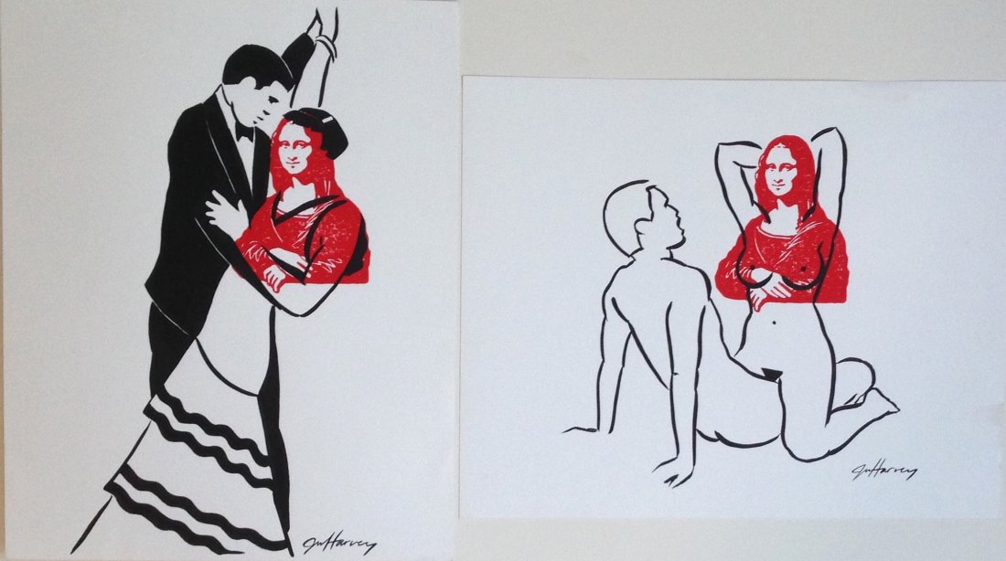 Julie Harvey Erotic Mona Lisa Drawings (2): Julie Harvey Erotic Mona Lisa Drawings Pop Art: Mona Lisa Julie Harvey (American 20th Century) Two colored drawings: Tango Mona Lisa & Erotic Mona Lisa Signed by the artist: Julie Harvey (view photogr