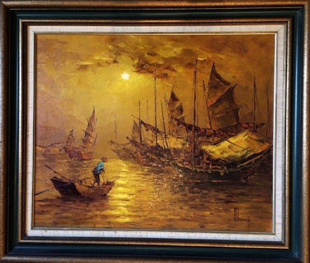 Hong Kong Harbor Oil Painting, Signed 1950's (1 of 3)