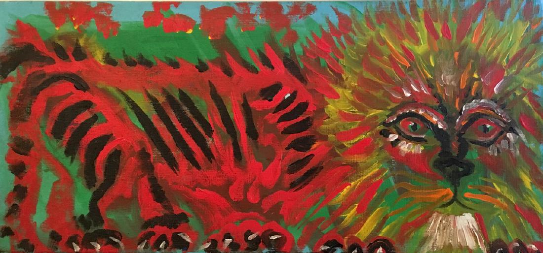 Pop Art Painting "Psychedelic Lion" Signed, 1960's: Pop Art Painting "Psychedelic Lion" Signed,1960's American pop art oil painting of a multi-colored psychedelic lion Signed on verso by the artist Dimond (?) Medium: oil on canvas Dimension: 30"x 14" G