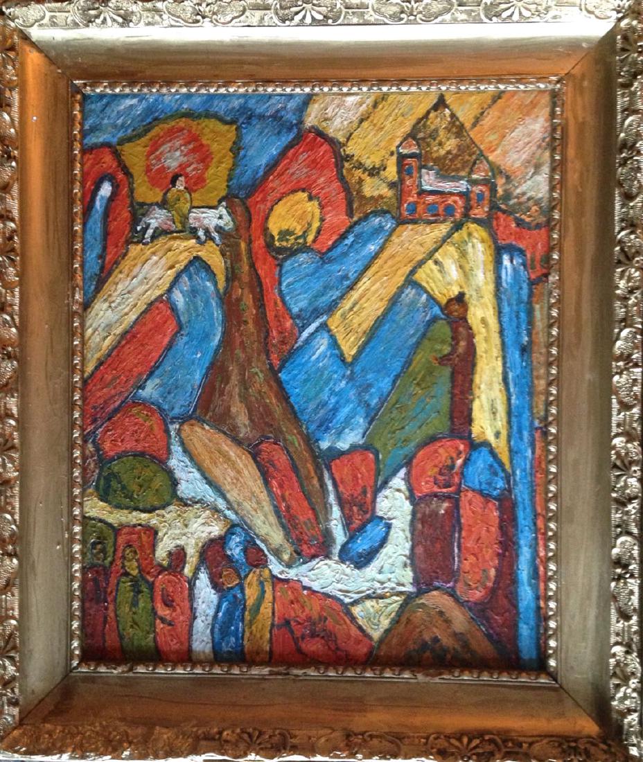 Russian Village Abstract Oil Painting, Shtetl 1950's (1 of 4)