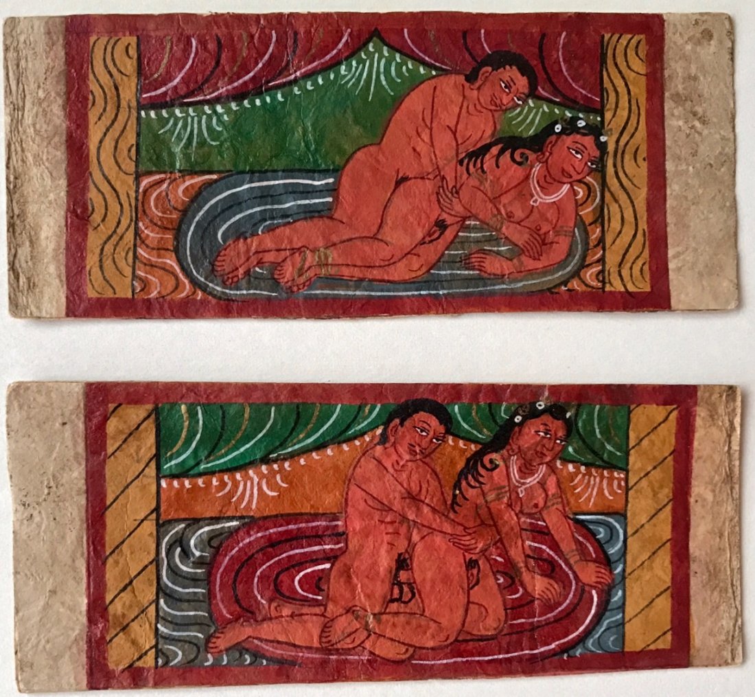Indo-Persian Erotic Painting: Two erotic Indo-Persian Mughal paintings on manuscript leaves. Gouache paintings on manuscript with calligraphic text. Finely painted erotic scenes of couples, Kamasutra 19th/20th century. Dimension: 