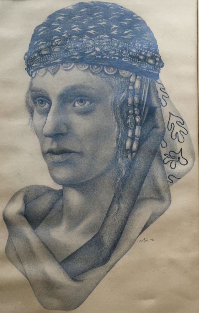 Middle Eastern Drawing, Bedouin Man Signed Norton,1948 (1 of 5)