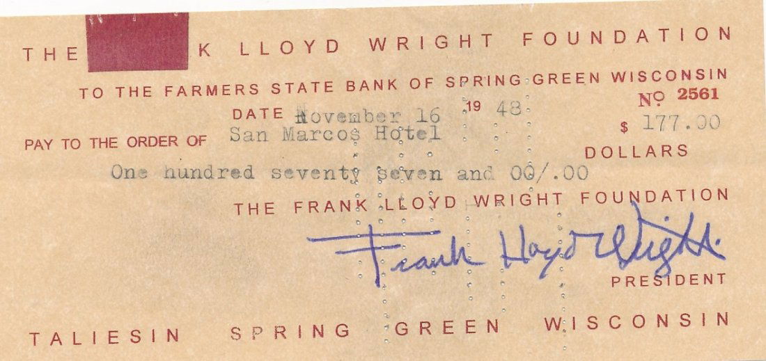 Frank Lloyd Wright Signed Bank Check (1 of 1)