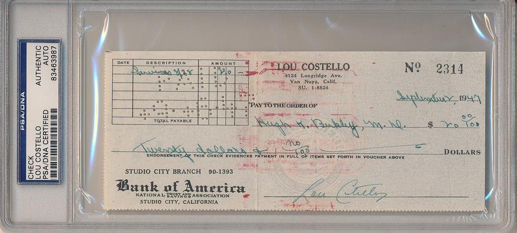 Lou Costello- Signed Bank Check Encapsulated (1 of 2)