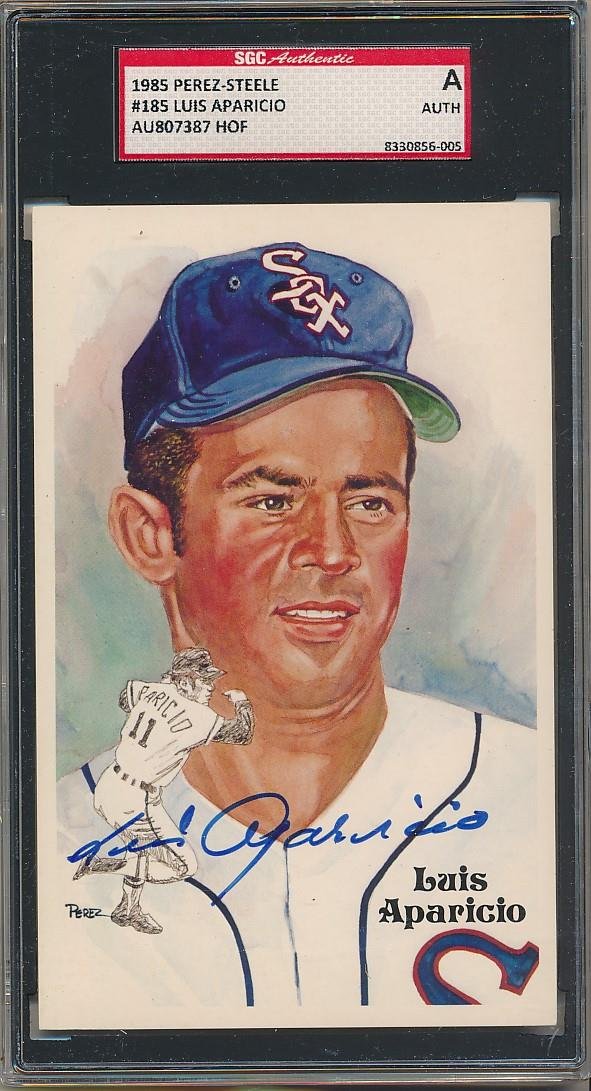 Luis Aparicio - Signature Encapsulated Perez-Steele: Blue felt tip signature of Luis Aparicio encapsulated in an SGC holder with a Perez-Steele postcard. Limited Edition 03837/10,000. In excellent condition.