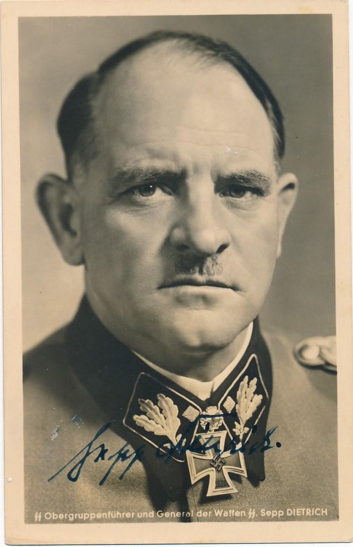 Josef "Sepp" Dietrich- Vintage Hoffmann Signed Postcard: Vintage 3.5X5.5 sepia Hoffmann picture postcard signed boldly in fountain pen ink by Josef "Sepp" Dietrich. In very good condition. The exact same image signed by him with chips to it in less conditio