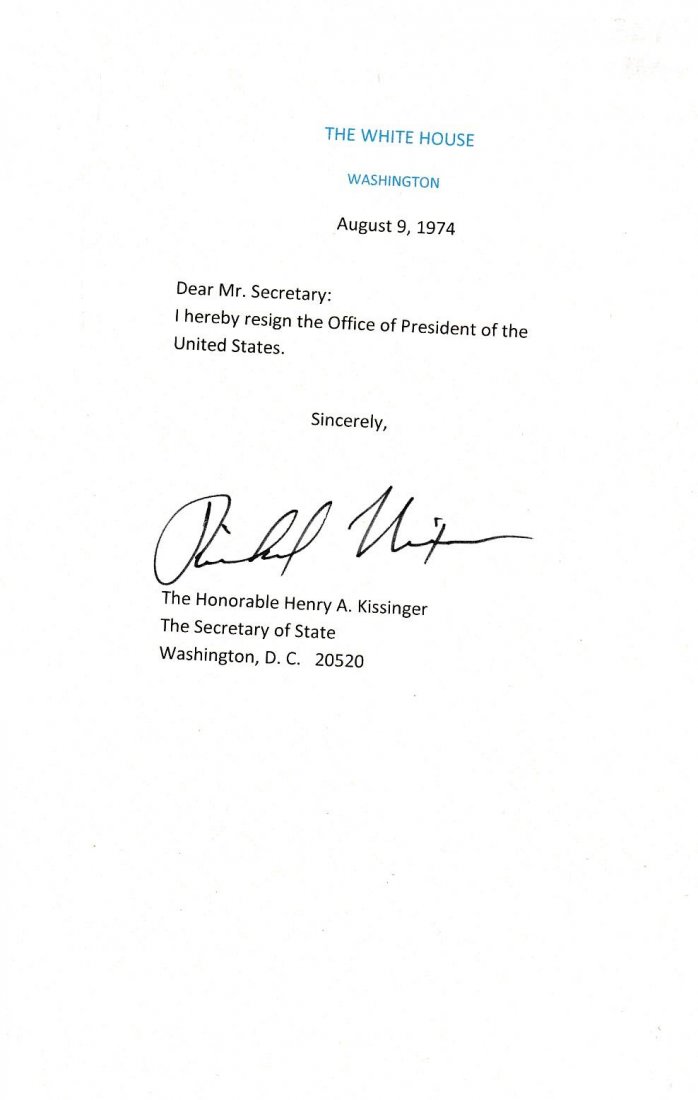 Richard Nixon Signed Mock White House Resignation: Historic 5.25X8 "Mock" White House resignation letter signed boldly in black felt tip ink by President Richard Nixon. In excellent condition.Comes with a full Letter of Authenticity from Todd Mueller 