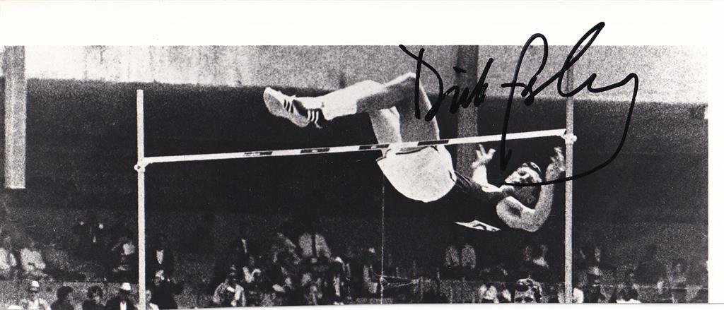 Dick Fosbury- Signed Photograph (Olympic High Jumper): 9.25x4 Cut B&W glossy finish photograph signed in black felt tip ink by Dick Fosbury. In very good condition. Richard Douglas Fosbury (born March 6, 1947) is an American retired high jumper, who is co