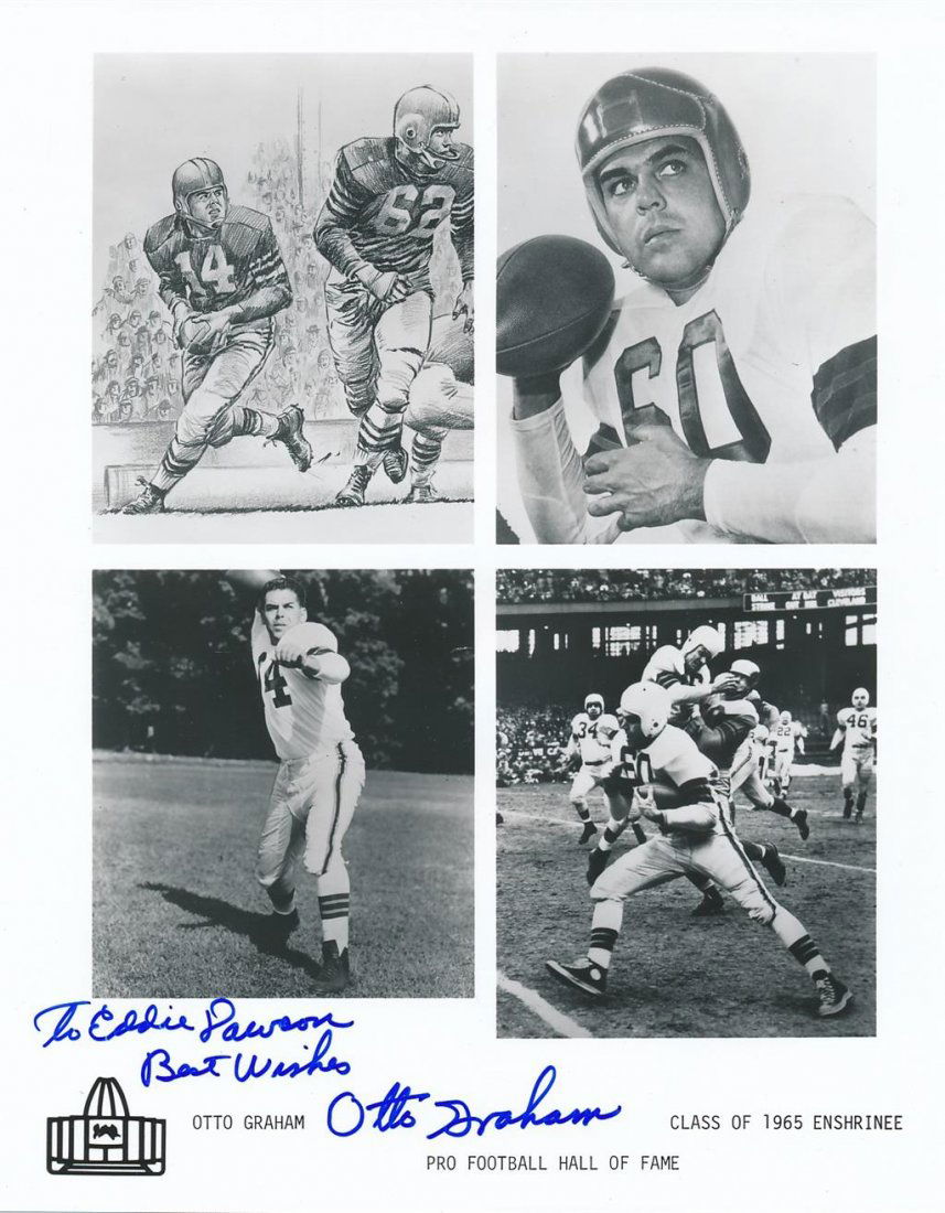 Otto Graham- Vintage Sepia Photograph: Vintage 8x10 black and white glossy photograph signed and inscribed, "To Eddie Dawson, Best Wishes," with blue felt tip ink by Otto Graham. In great condition. Otto Everett Graham Jr. (December 6, 192