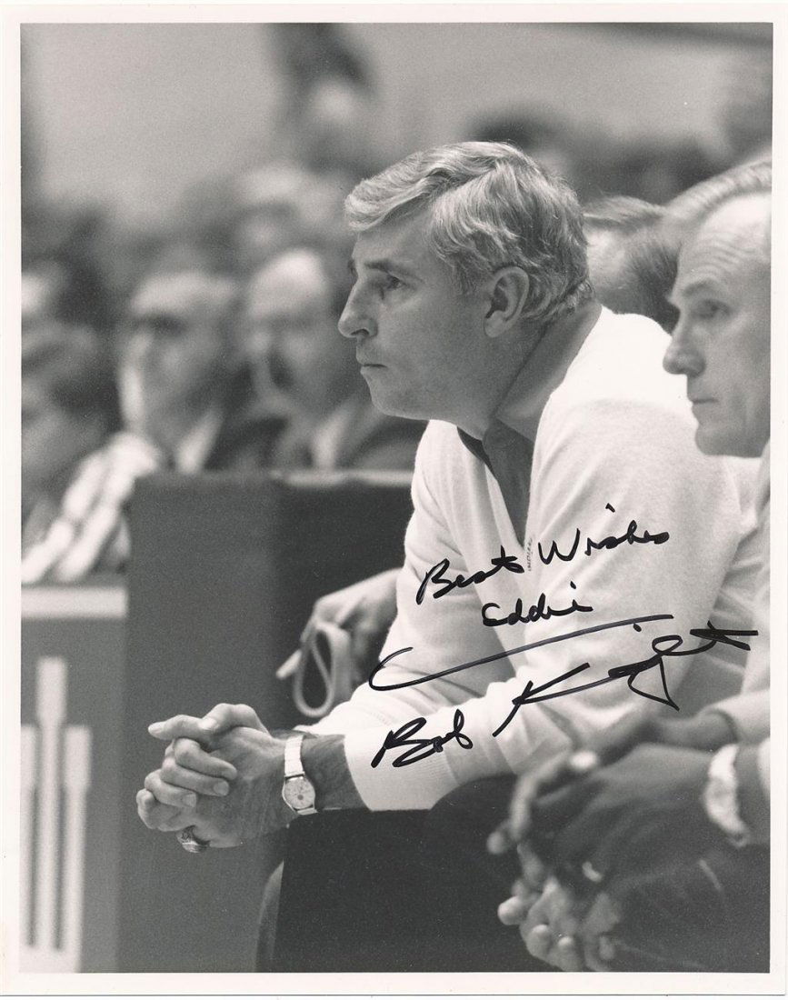 Bobby Knight-Signed Vintage Photograph: Vintage 8x10 black and white photograph signed and inscribed, "Best Wishes Eddie," with black felt tip ink by Bobby Knight. In great condition. Comes with a full Letter of Authenticity from Todd Muell
