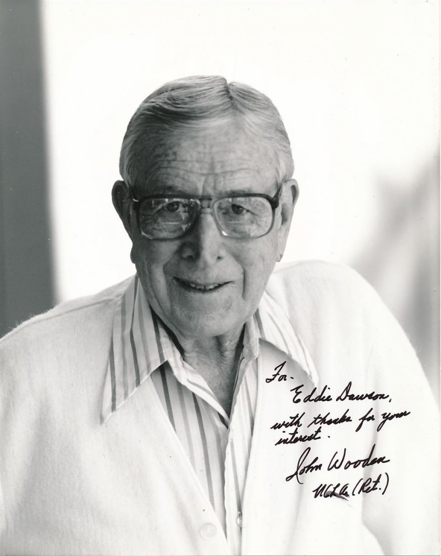 John Wooden-Signed Vintage Photograph: Vintage 8x10 black and white photograph signed and inscribed, "For Eddie Dawson, with thanks for your intent," with black felt tip ink by John Wooden. In good condition. John Robert Wooden (October 14