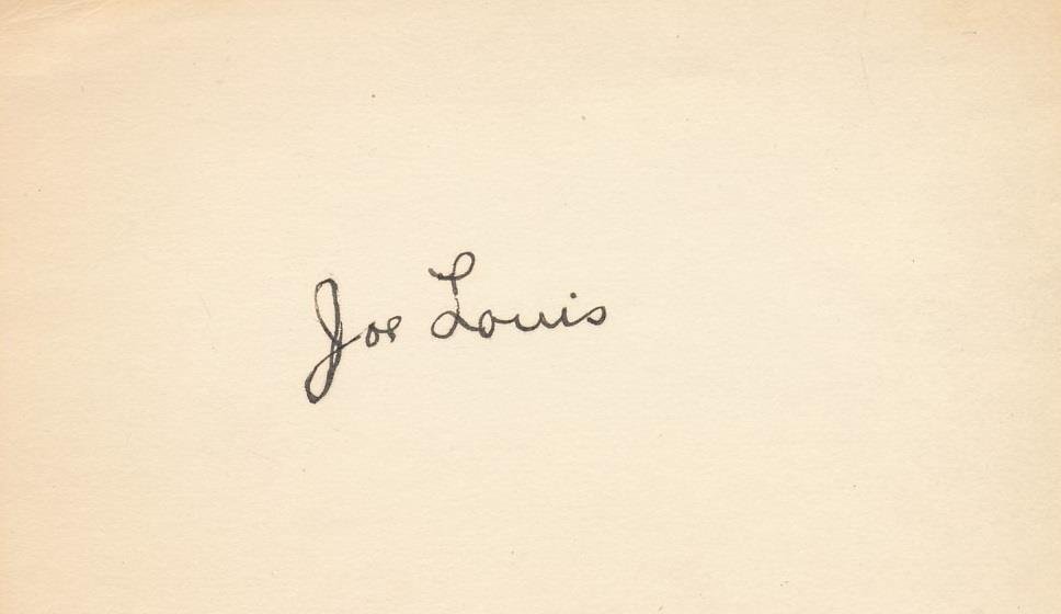 Joe Louis-Vintage 1930's Signed Card: (1914â€“1981)Vintage card signed in the 1930s in black fountain pen ink by Joe Louis. A terrific early example of his signature. Joe Louis was an American professional boxer who competed from 193
