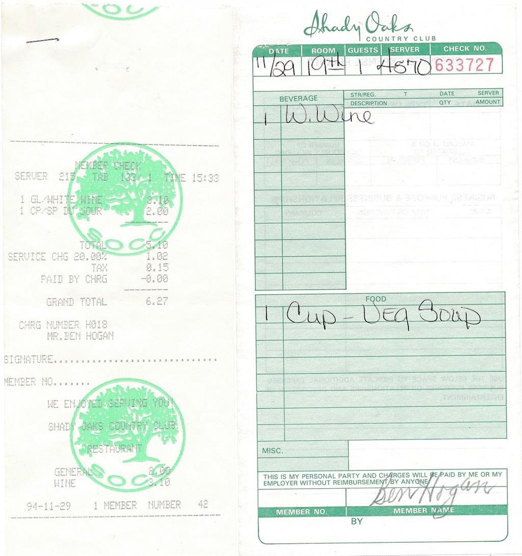 Ben Hogan-Signed Shady Oaks Country Club Receipt: Shady Oaks Golf Country Club receipt for Ben Hogan to have a cup of vegetable soup and a glass of white wine signed in pencil by him acknowledging the bill. In very good condition. William Ben Hogan (