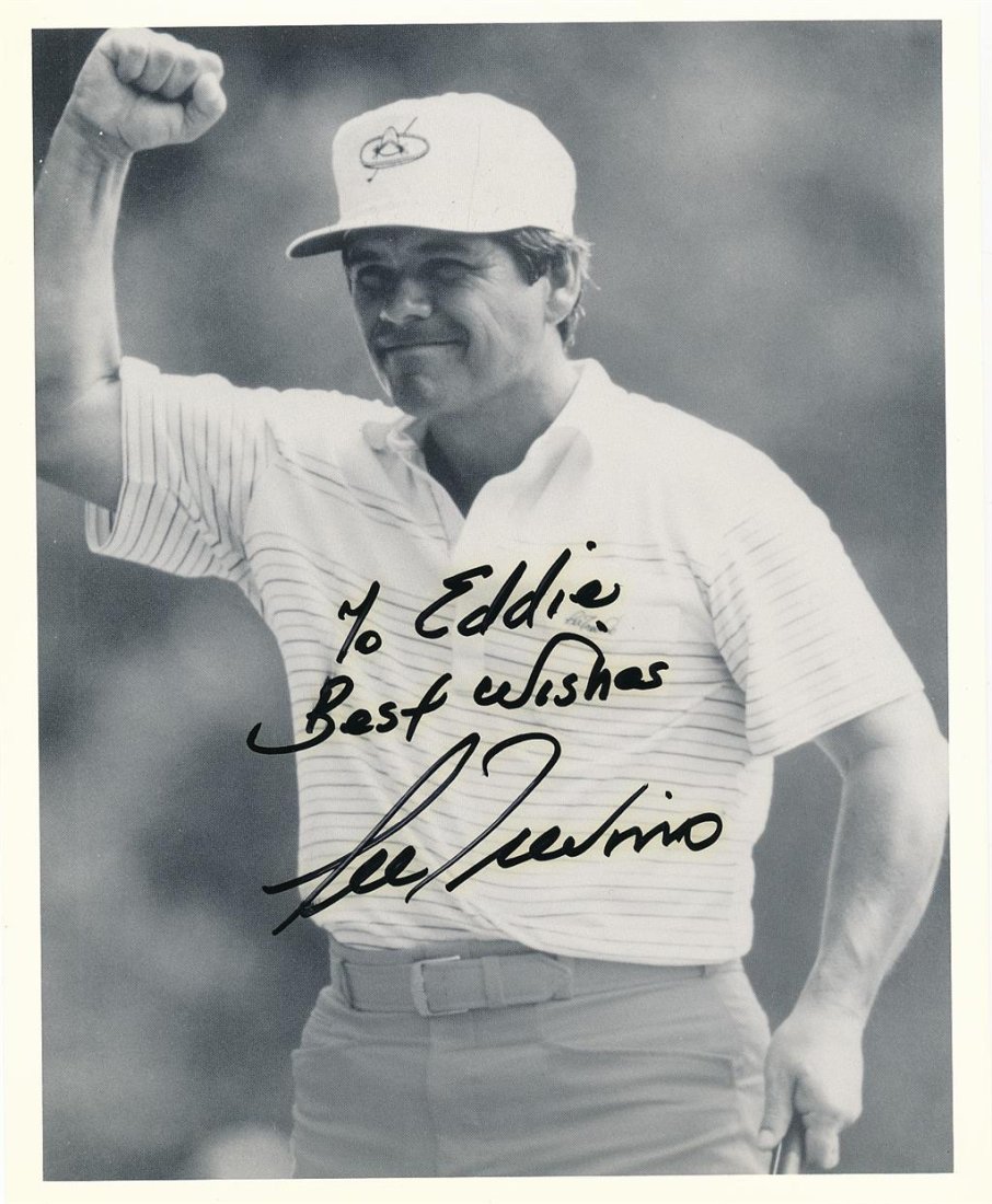 Lee Trevino-Signed Vintage Photograph: Vintage 8x10 black and white glossy photograph signed and inscribed, "To Eddie, Best Wishes," with black felt tip ink by Lee Trevino. In good condition. Lee Buck Trevino (born December 1, 1939) is an