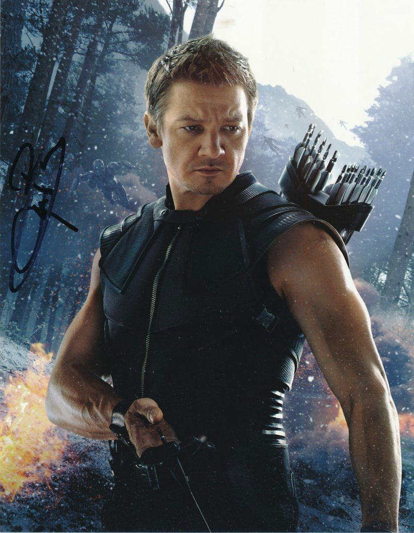 Jeremy Renner-Signed Avengers Photograph: 8x10 Color satin finish photograph from "Avengers: Age of Ultron" and signed by Jeremy Renner in black felt tip. In excellent condition. Comes with a full Letter of Authenticity from Todd Mueller Auth