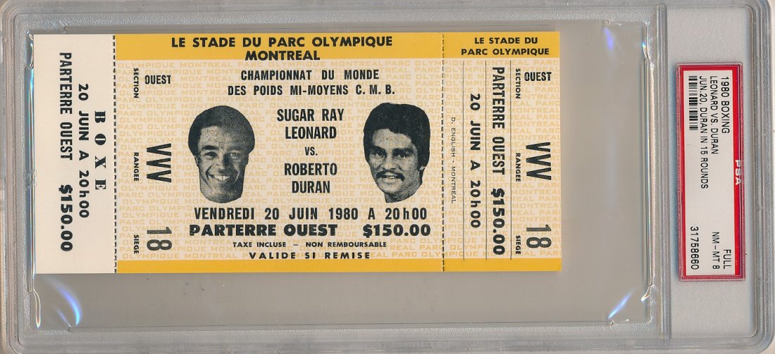 Leonard vs Duran Original Fight Ticket 1980: Original vintage encapsulated fight ticket between Sugar Ray Leonard vs Roberto Duran. Dated 20 June 1980. Encapsulated in a PSA holder. Graded NM-MT 8.