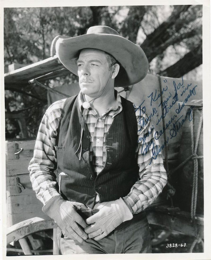 Glenn Strange Vintage Signed Photograph: 8X10 B&W Glossy vintage photograph signed in black felt tip ink, "To Kin, Thank you for your interest in my career, Sincerely, Glenn Strange." In excellent condition. (1899-1973) Glenn Strange was an