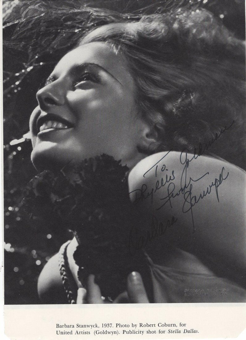 Barbara Stanwyck-Signed Vintage Book Photograph: Vintage 7x9.5 book photo signed and inscribed in black felt tip ink by Barbara Stanwyck. In good condition. (1907â€“1990) Barbara Stanwyck was an American actress, model, and dancer. A stage, fil