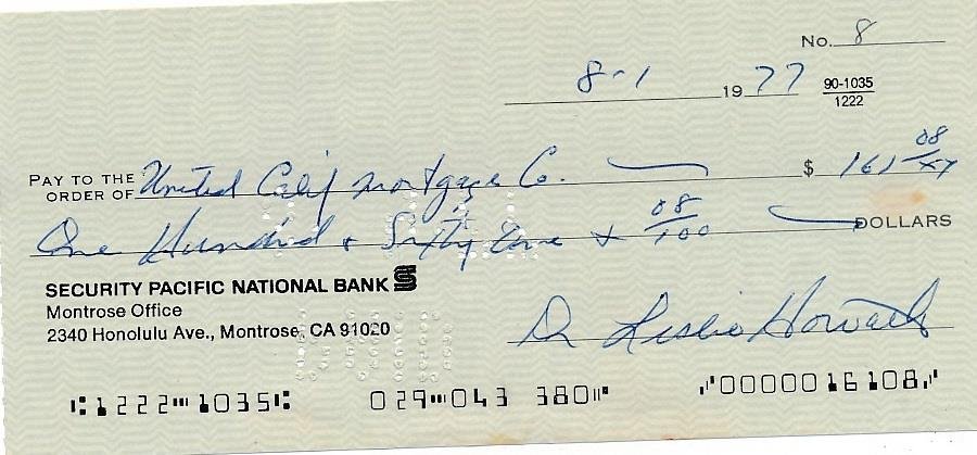 Leslie Horvath- Signed Bank Check (Heisman): Bank check from Security Pacific National Bank, filled out and signed in blue ballpoint ink by Leslie Horvath. Dated in 1977. In good condition. (1921â€“1995)Leslie Horvath was an American footba
