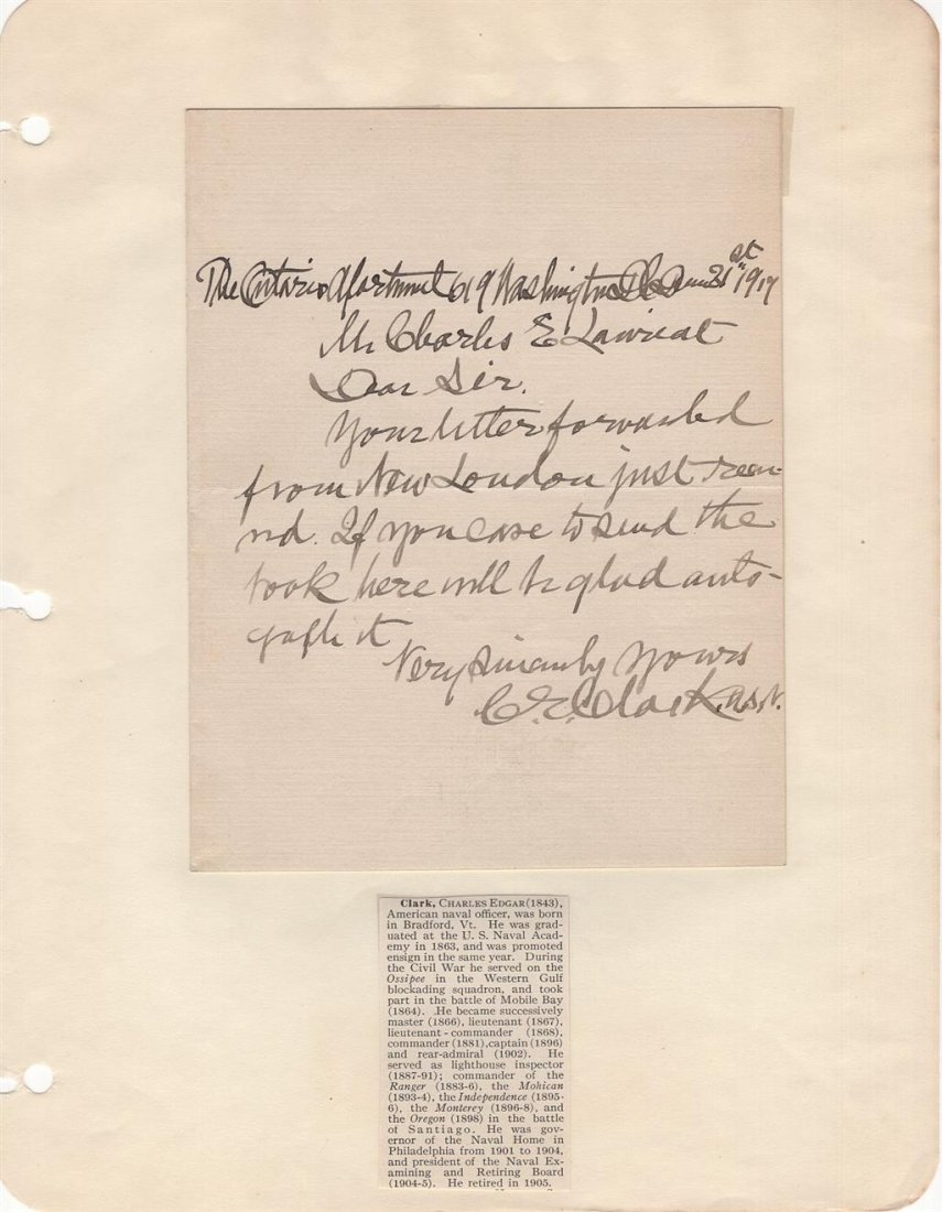 Rear-Admiral Charles Edgar Clark- Vintage ALS Civil War: Historical 5.5x7 One page vintage ALS complying with an autograph request stating he will sign a book if someone mails it to him. Written in 1917 and signed at the conclusion by Charles Edgar Clark. T