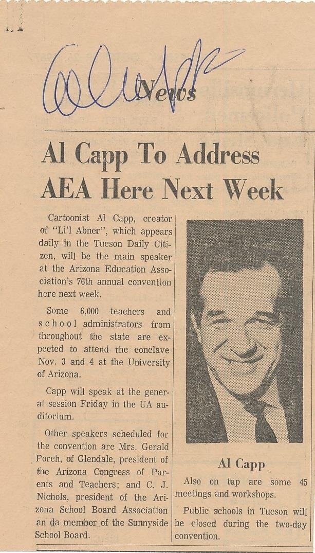 Al Capp- Signed Vintage Article (Li'l Abner Cartoonist): Vintage 4X7 newspaper photograph signed in ballpoint ink by Al Capp. In very good condition. (1909â€“1979) Al Capp was an American cartoonist and humorist best known for the satirical comic strip