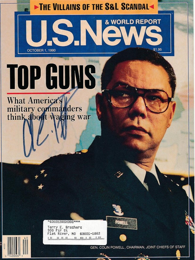 Colin Powell- Signed U.S. News Magazine Cover: October 1, 1990 U.S. News & World Report magazine cover only signed in blue felt tip ink nicely by Colin Powell. In very good condition.Comes with a full Letter of Authenticity from Todd Mueller Authe
