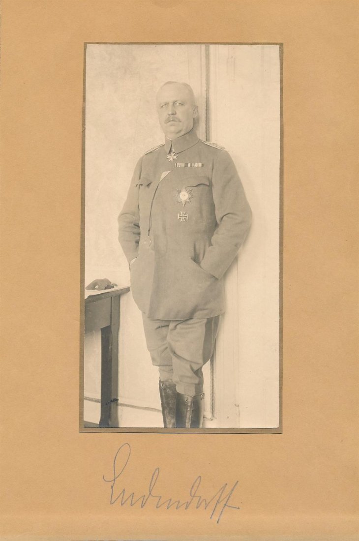 General Erich Ludendorff- Rare Signed Piece (WWI-Famous General): Vintage 7X10.5 photograph of Erich Ludendorff in uniform signed in the matte which the photograph is affixed to in ballpoint ink, "Ludendorff." In excellent condition.Erich Friedrich Wilhelm Ludendorf