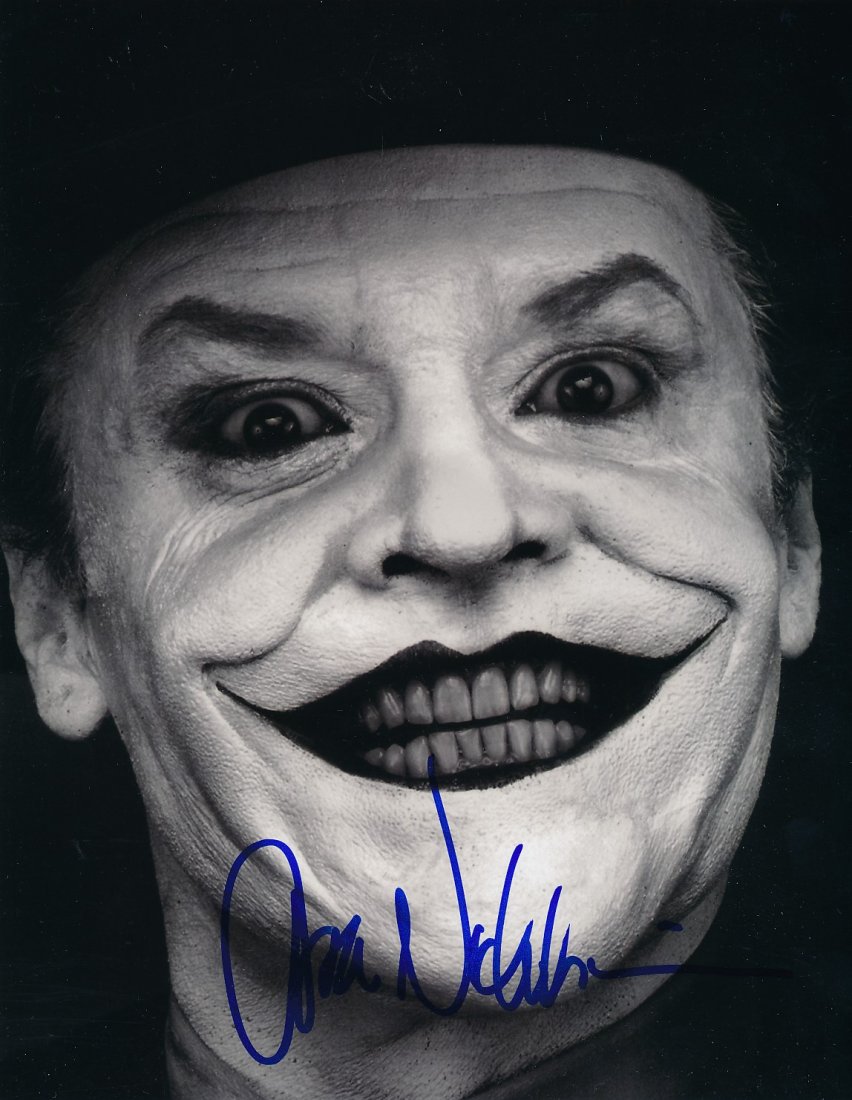 Jack Nicholson-Signed "Batman" Photograph: 8x10 B&W satin finish photograph from "Batman" and signed in blue felt tip ink by Jack Nicholson as The Joker. Excellent condition. Comes with a full Letter of Authenticity from Todd Mueller Authentic