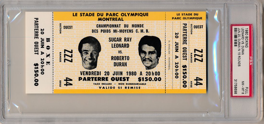 Leonard vs Duran Original Fight Ticket 1980: Original vintage encapsulated fight ticket between Sugar Ray Leonard vs Roberto Duran. Dated 20 June 1980. Encapsulated in a PSA holder. Graded NM-MT 8.