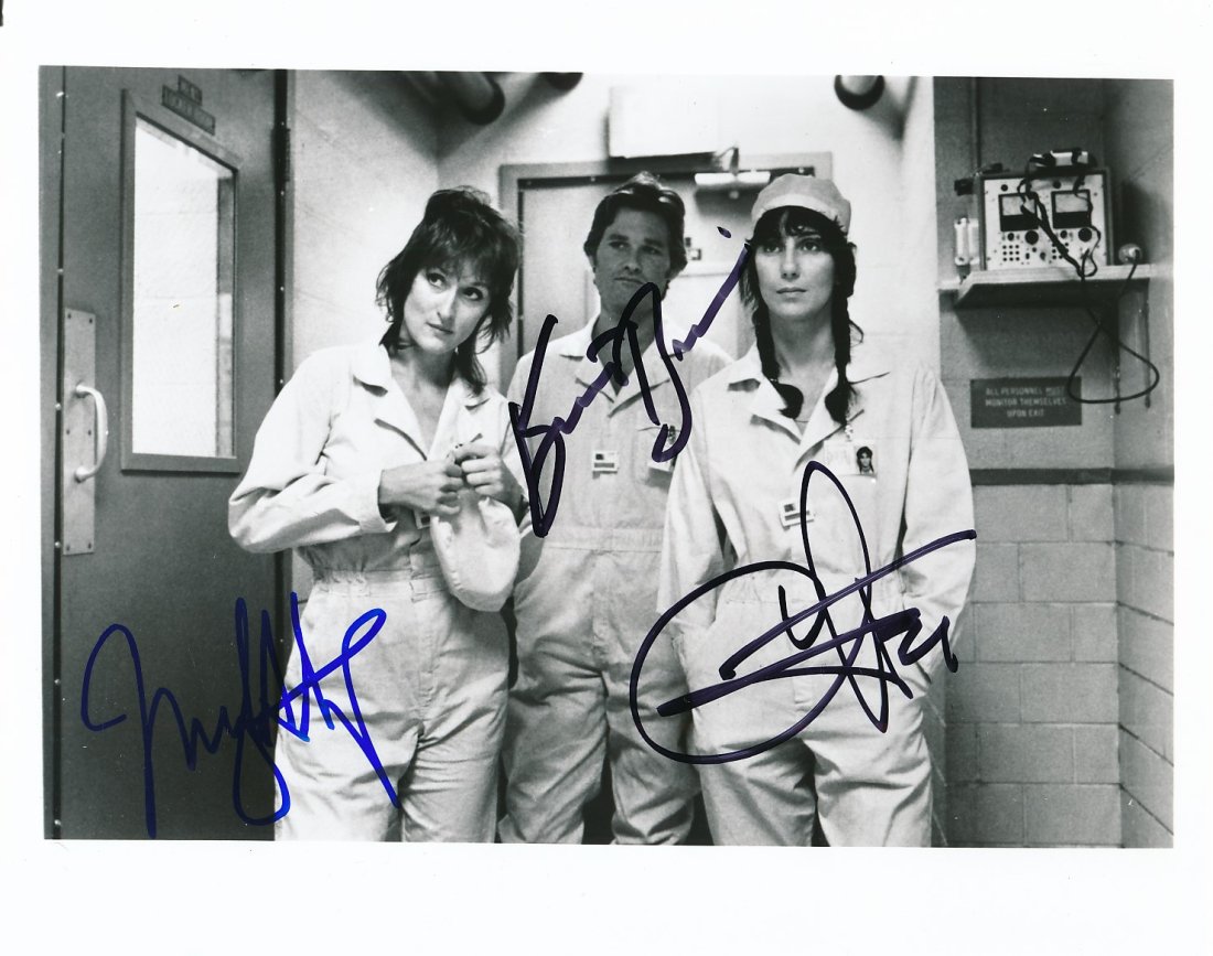 Kurt Russell, Cher, Meryl Streep-Signed Photo Silkwood: 10x8 B&W glossy photograph from "Silkwood" signed with black felt tip ink by Kurt Russell and Cher and blue felt tip ink by Meryl Streep. Mint condition. Comes with a full Letter of Authenticity from 