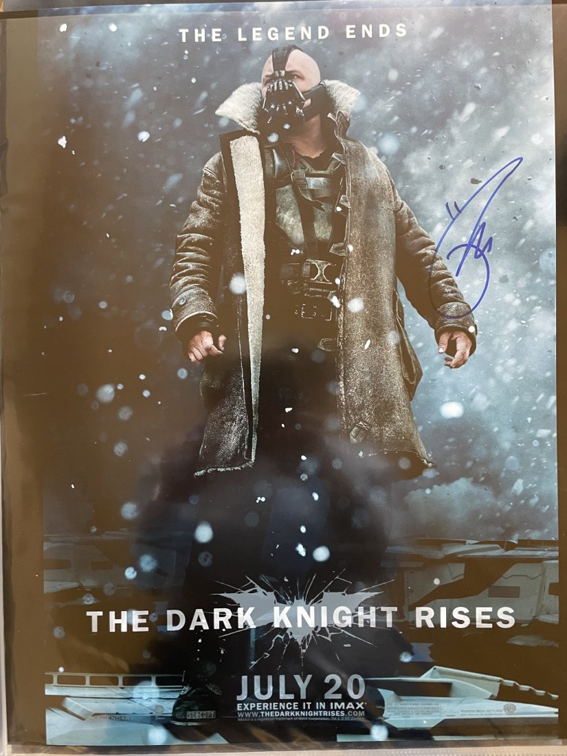Tom Hardy-Signed 16x20 Photograph "The Dark Knight Rises": 16x20 Color photograph from "The Dark Knight Rises" and signed in felt tip ink by Tom Hardy. In very good condition.This would look perfect matted and framed. Comes with a full Letter of Authenticity 